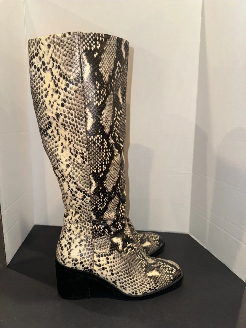 Women's Crown Vintage Knee-High Snake Print Boots in Black and Cream